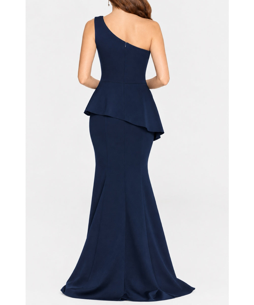 Navy One Shoulder Asymmetrical Peplum Mermaid Evening Gown