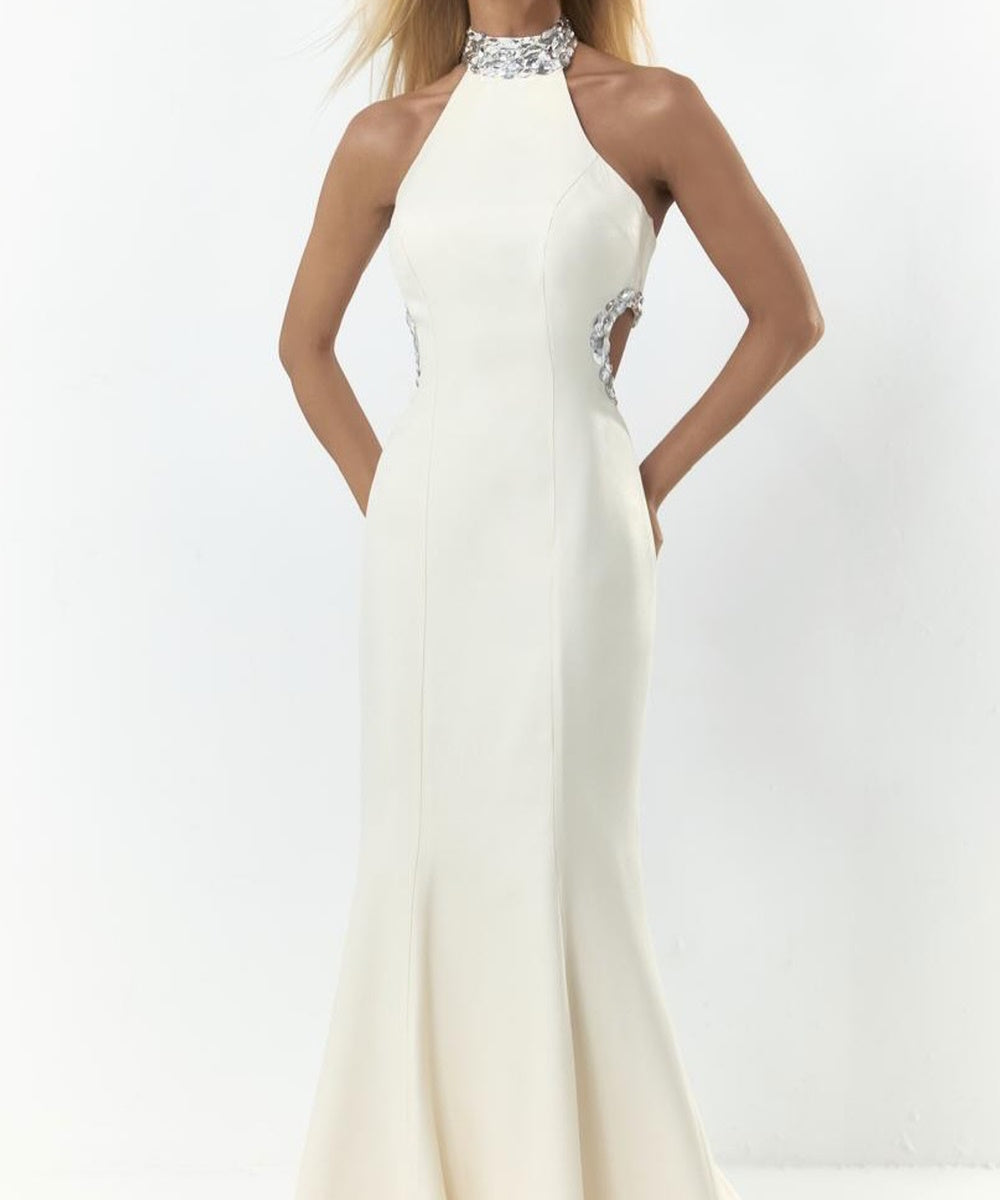 White Halter Crystal Beaded Cutout Mermaid Formal Evening Gown