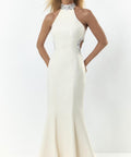White Halter Crystal Beaded Cutout Mermaid Formal Evening Gown