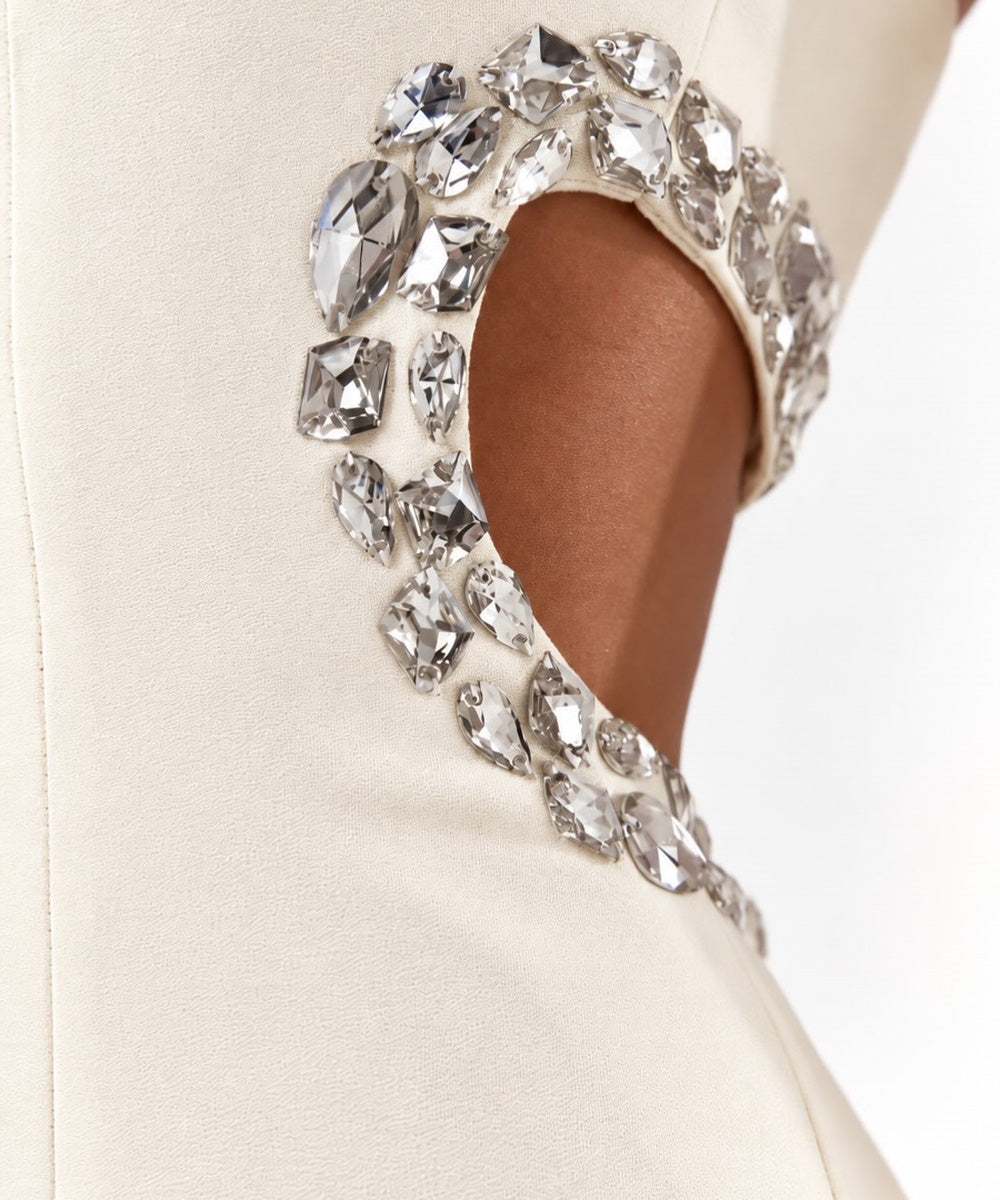 White Halter Crystal Beaded Cutout Mermaid Formal Evening Gown