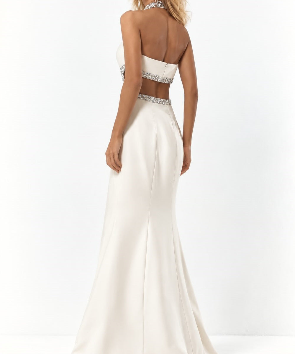 White Halter Crystal Beaded Cutout Mermaid Formal Evening Gown
