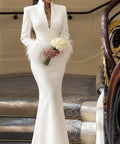 White High Neck Deep V Long Sleeve Feather Cuff Mermaid Wedding Dress