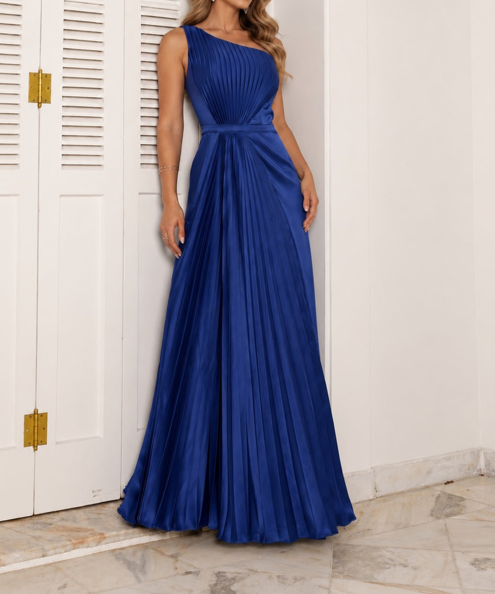 Royal Blue One Shoulder Pleated Satin Maxi Evening Dress