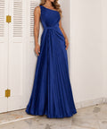 Royal Blue One Shoulder Pleated Satin Maxi Evening Dress