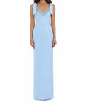 Light Blue Bow Shoulder Crystal Beaded Scoop Neck Column Evening Gown