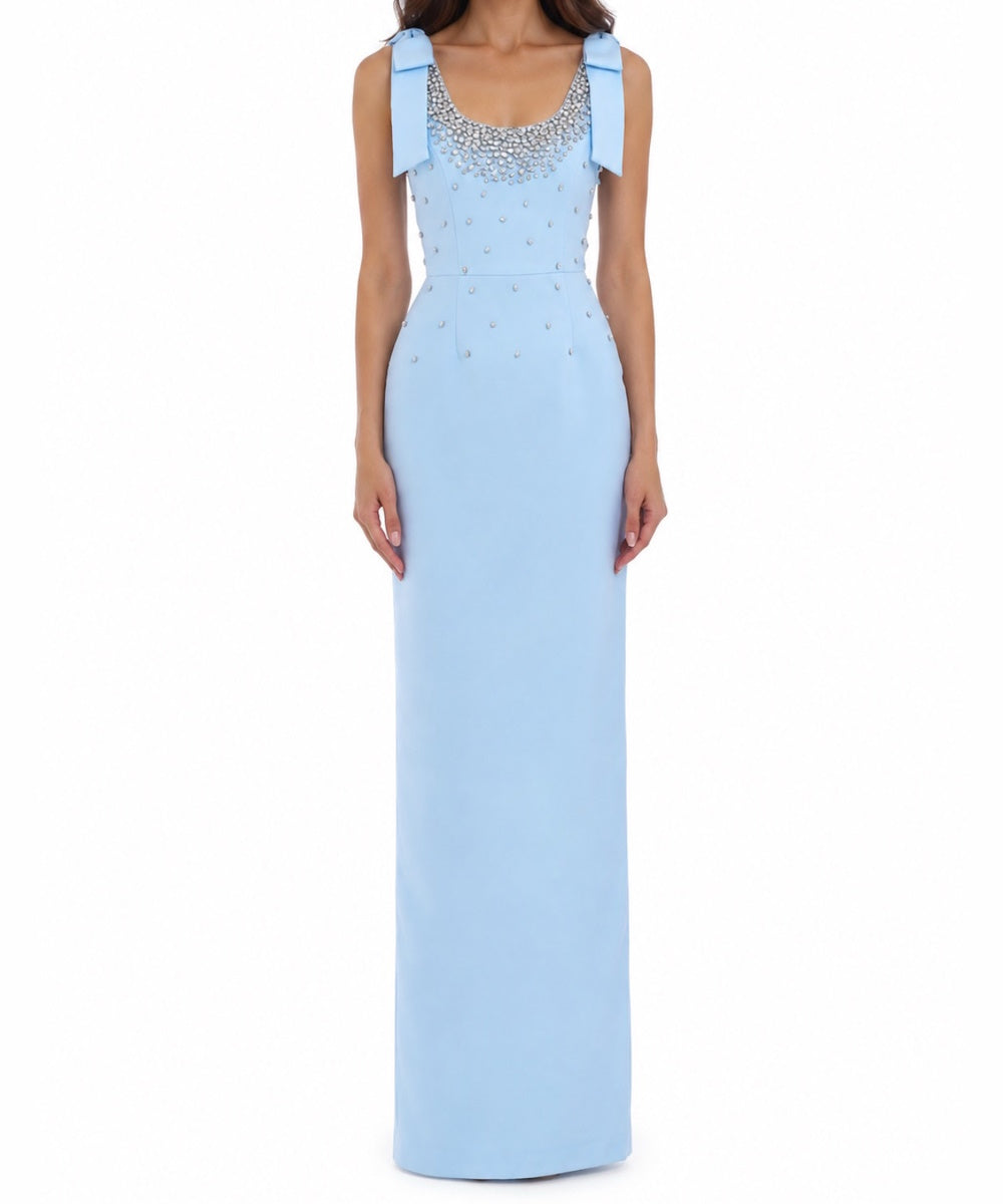 Light Blue Bow Shoulder Crystal Beaded Scoop Neck Column Evening Gown