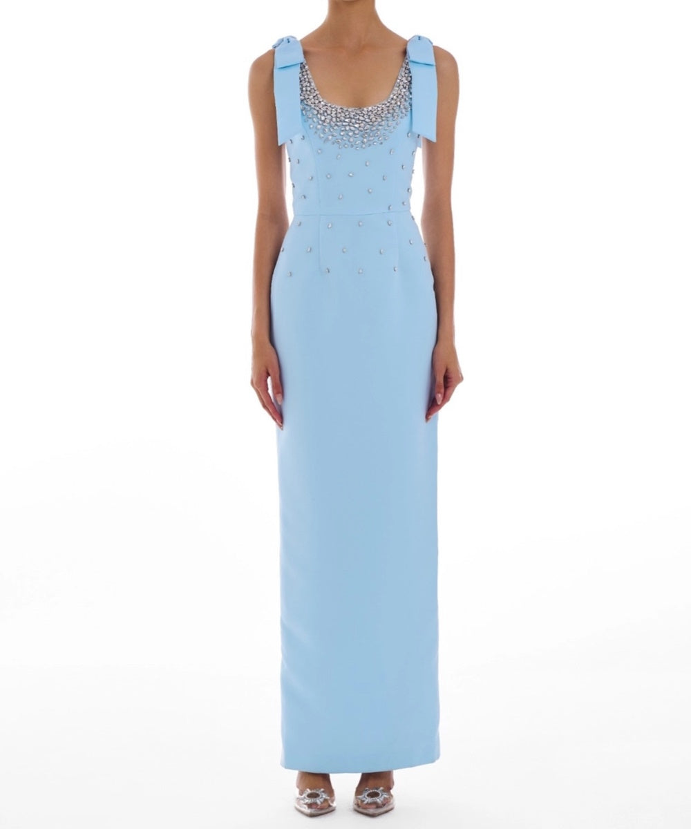 Light Blue Bow Shoulder Crystal Beaded Scoop Neck Column Evening Gown
