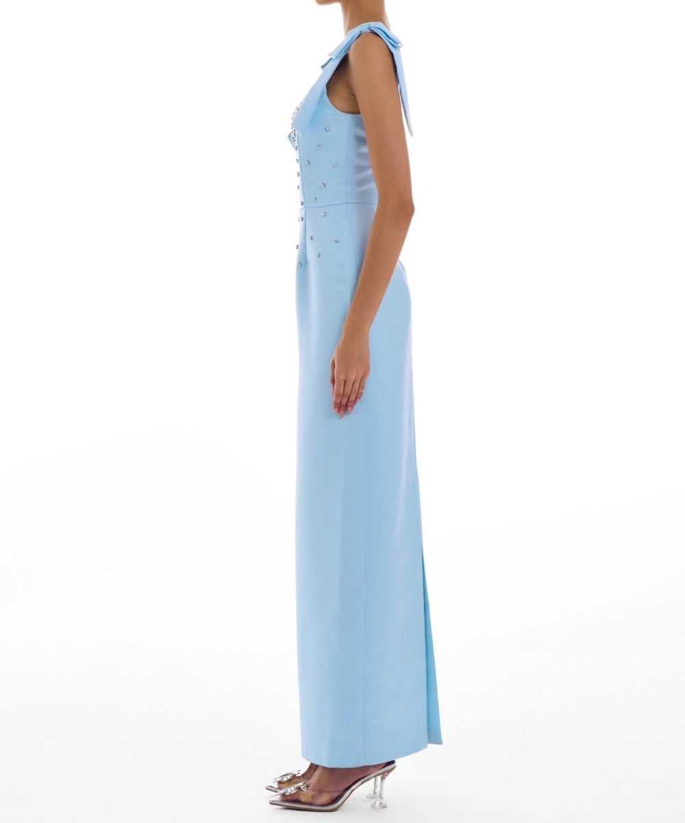 Light Blue Bow Shoulder Crystal Beaded Scoop Neck Column Evening Gown