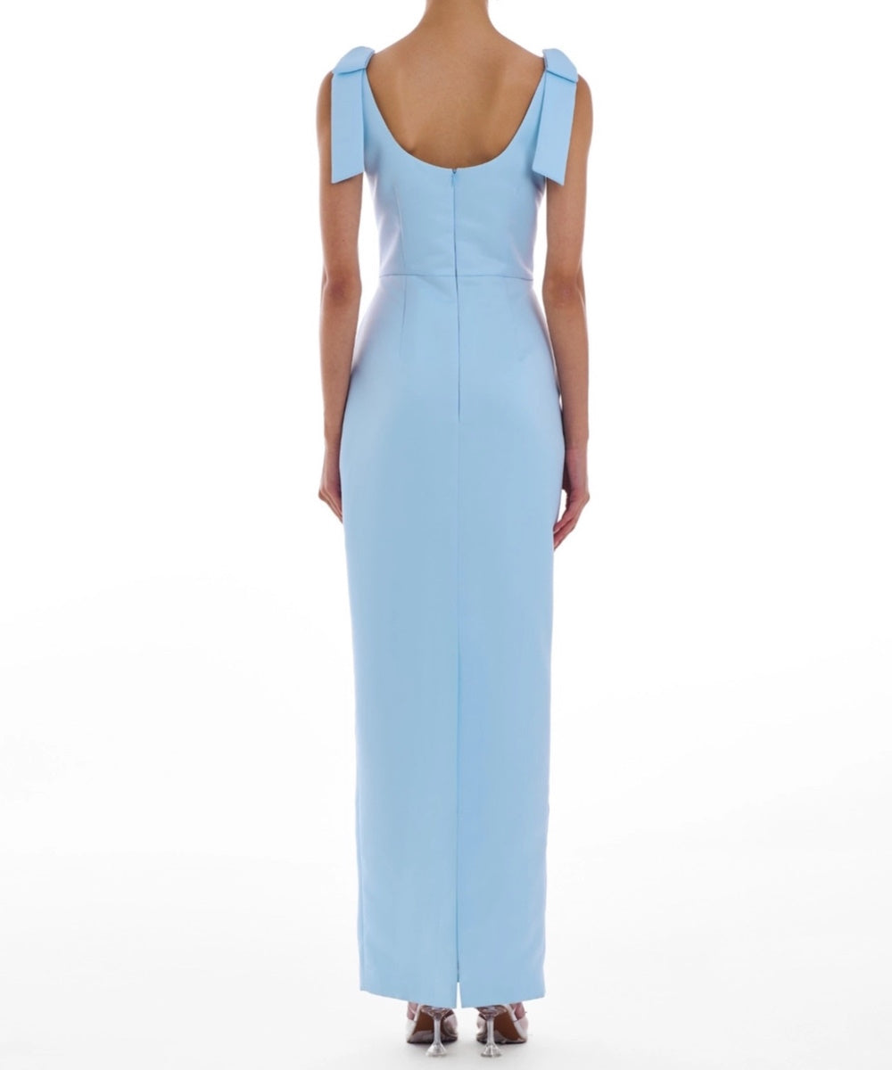 Light Blue Bow Shoulder Crystal Beaded Scoop Neck Column Evening Gown