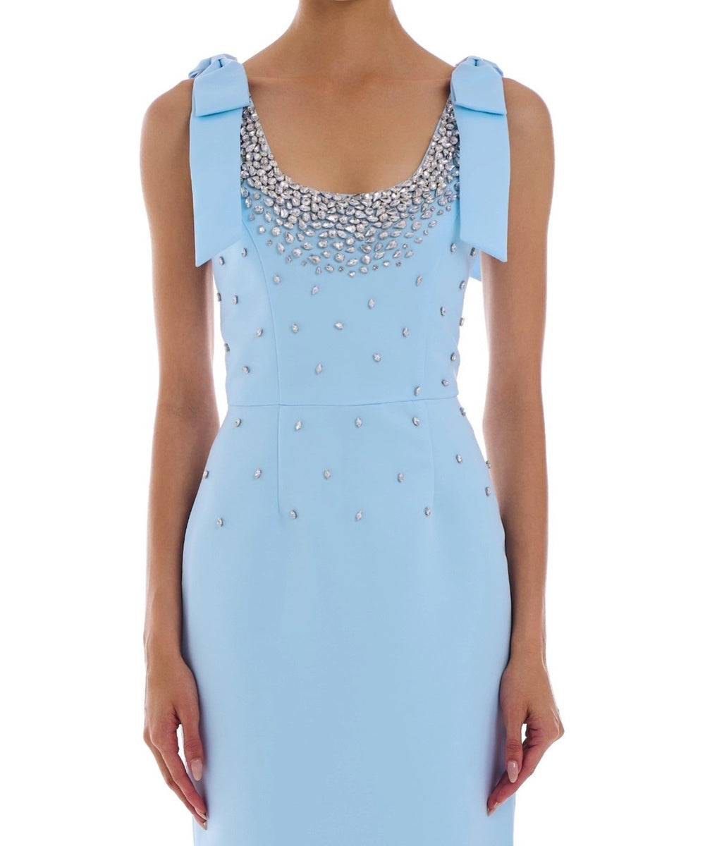 Light Blue Bow Shoulder Crystal Beaded Scoop Neck Column Evening Gown