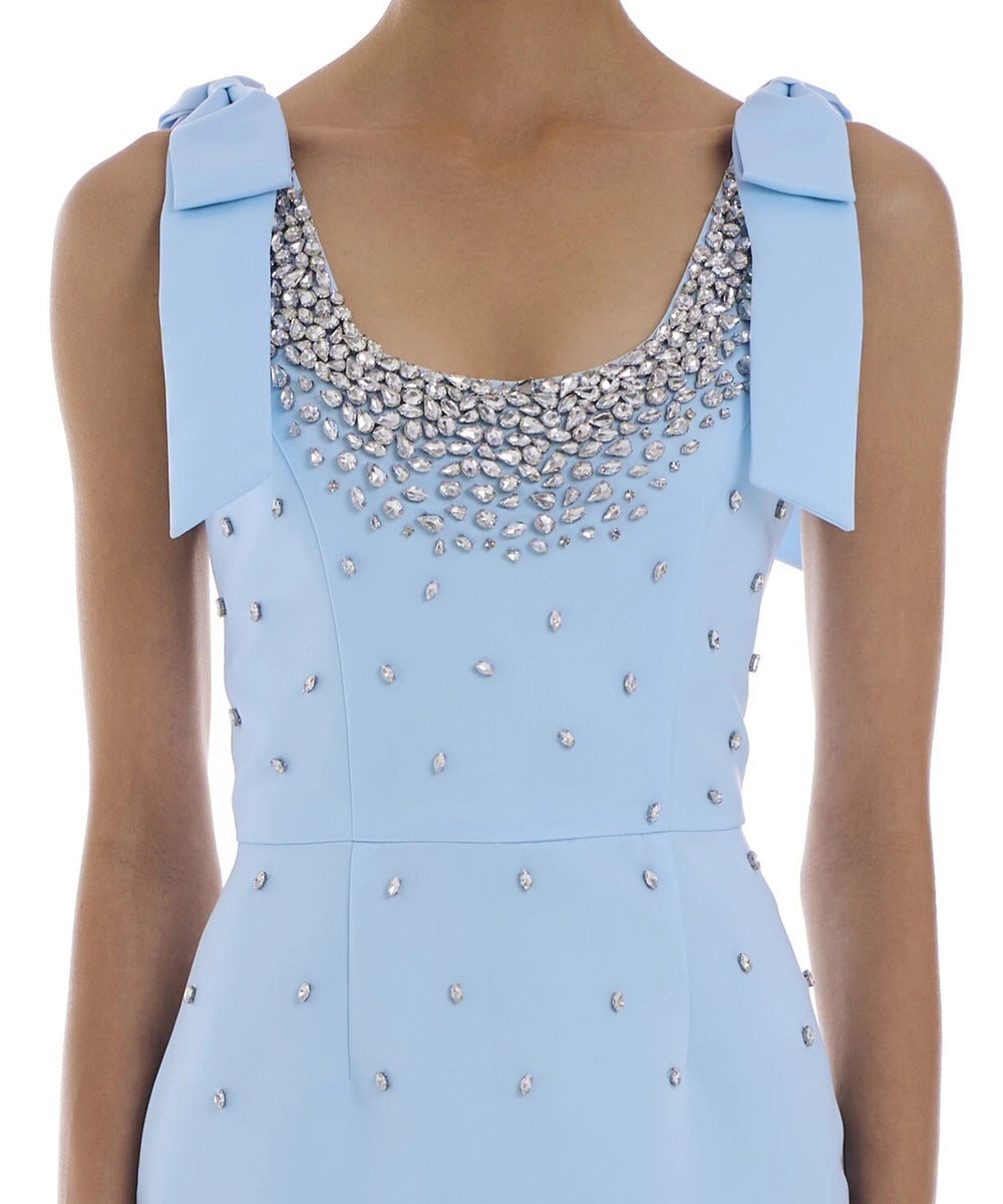 Light Blue Bow Shoulder Crystal Beaded Scoop Neck Column Evening Gown