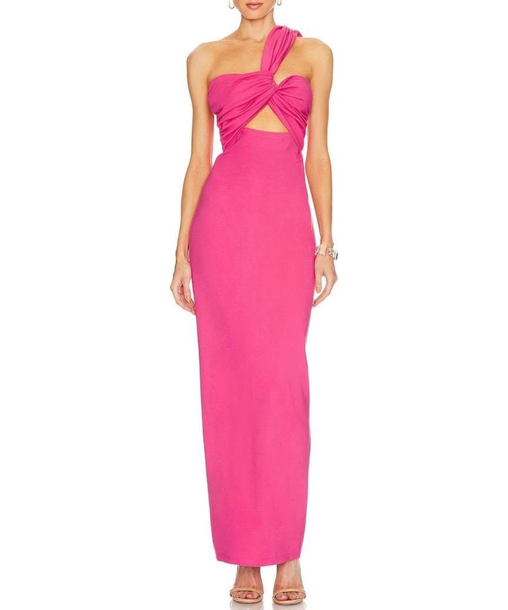 Hot Pink One Shoulder Cutout Maxi Bodycon Dress