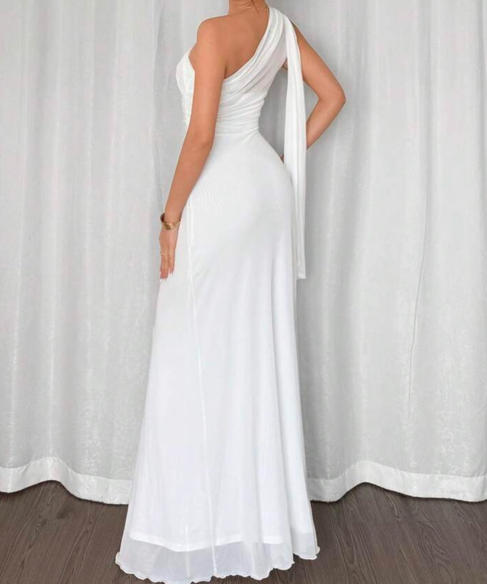 White One Shoulder Sheer Strap Ruched Bodycon Maxi Evening Dress