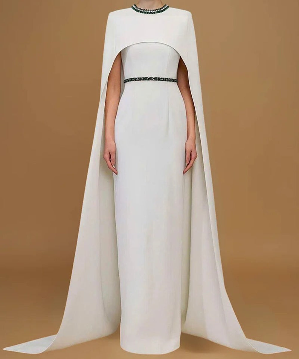 White Cape Overlay Emerald Beaded Round Neck Column Evening Gown