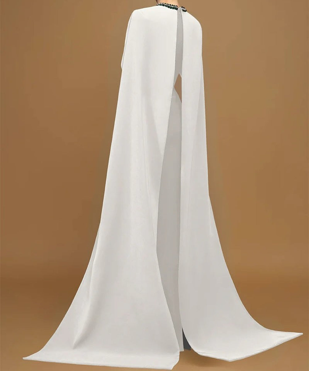 White Cape Overlay Emerald Beaded Round Neck Column Evening Gown