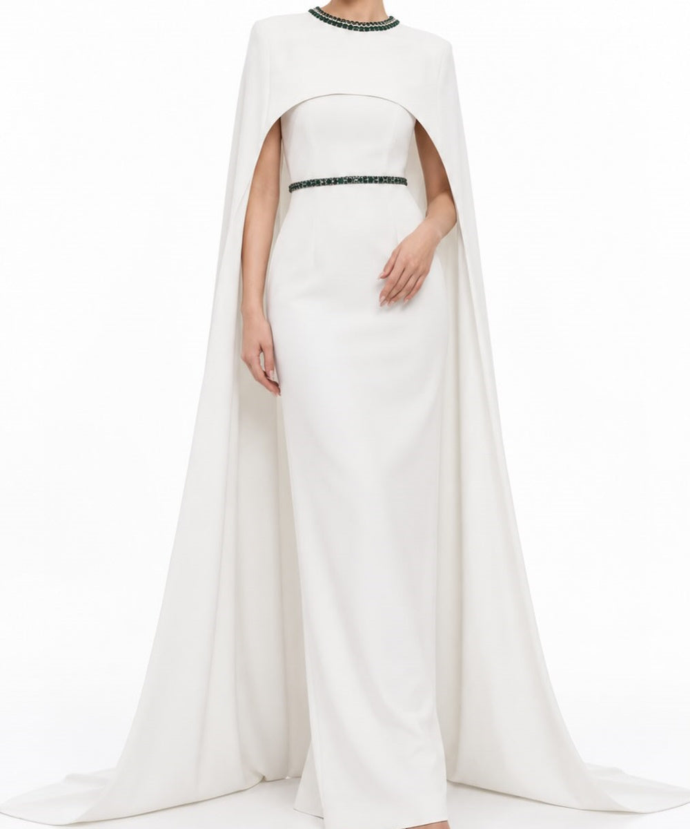 White Cape Overlay Emerald Beaded Round Neck Column Evening Gown