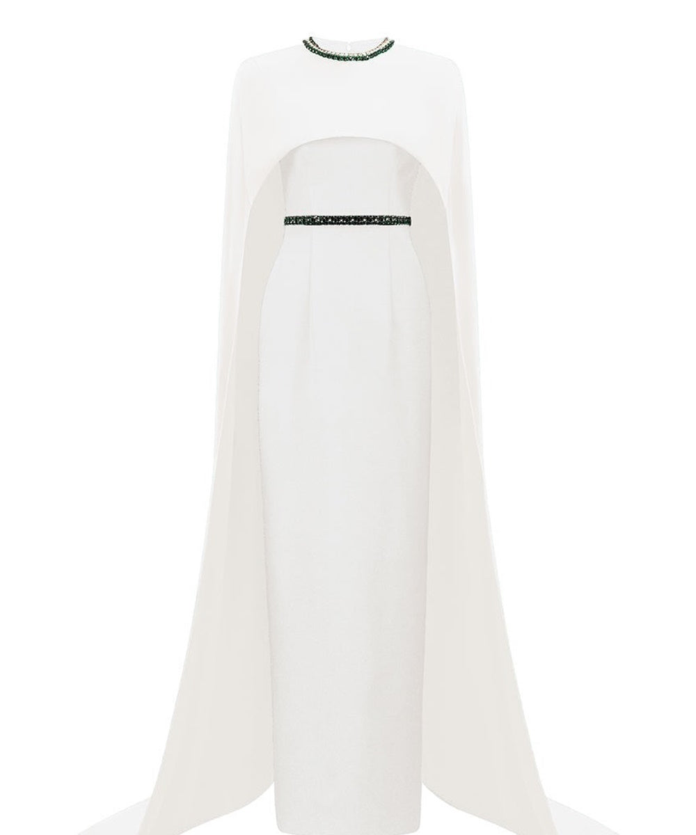 White Cape Overlay Emerald Beaded Round Neck Column Evening Gown