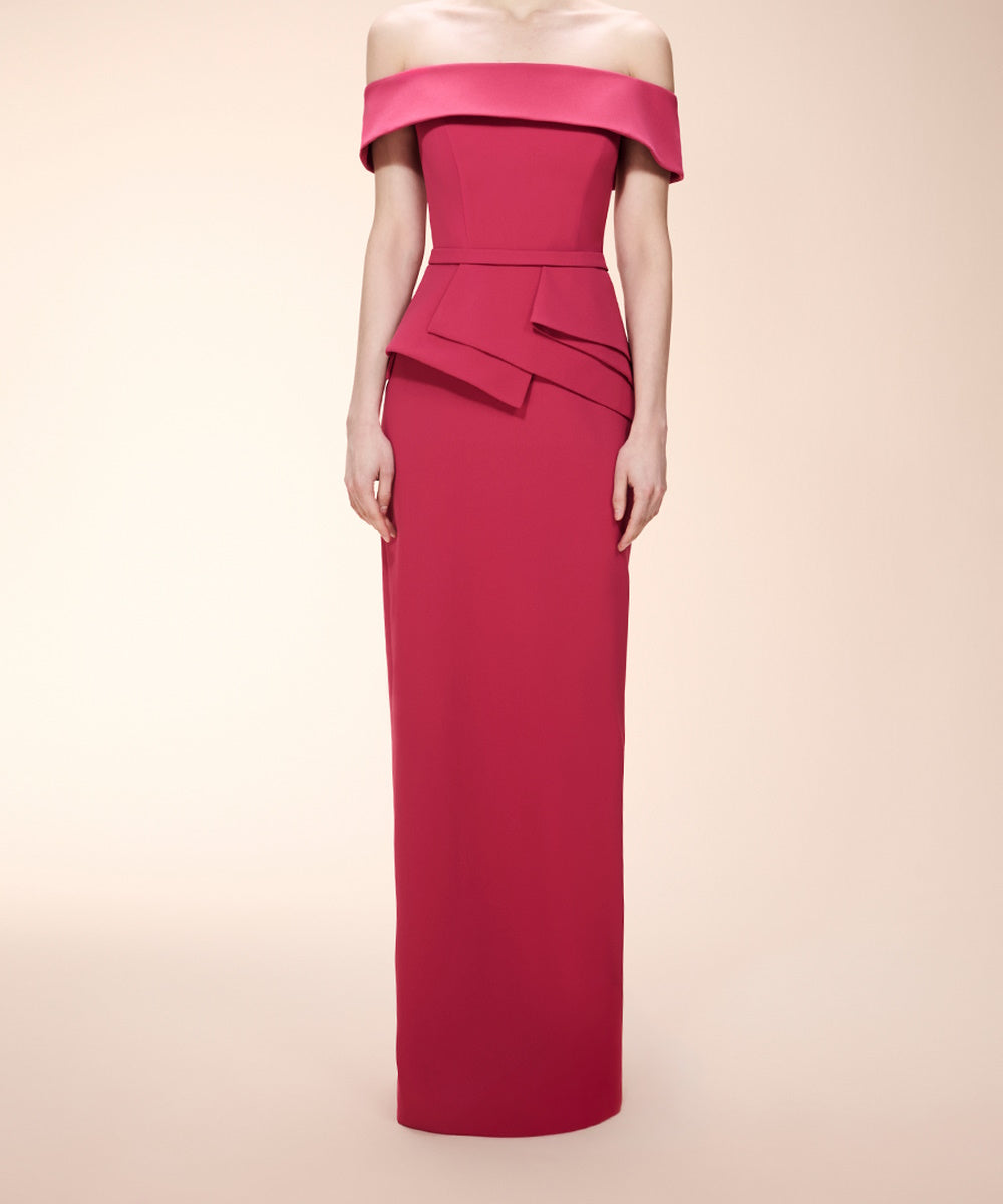 Red Off The Shoulder Peplum Crepe Column Formal Maxi Gown