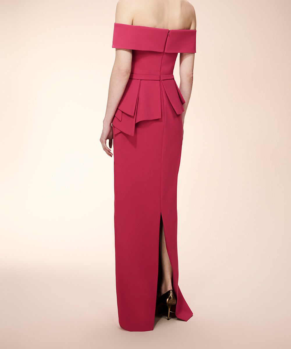 Red Off The Shoulder Peplum Crepe Column Formal Maxi Gown