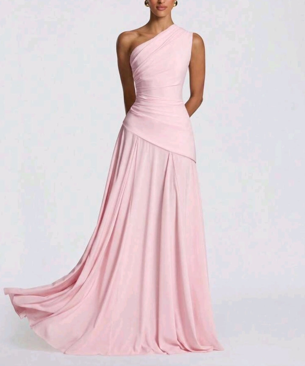 One Shoulder Draped Ruched Chiffon A-Line Evening Gown with Lace-Up Back