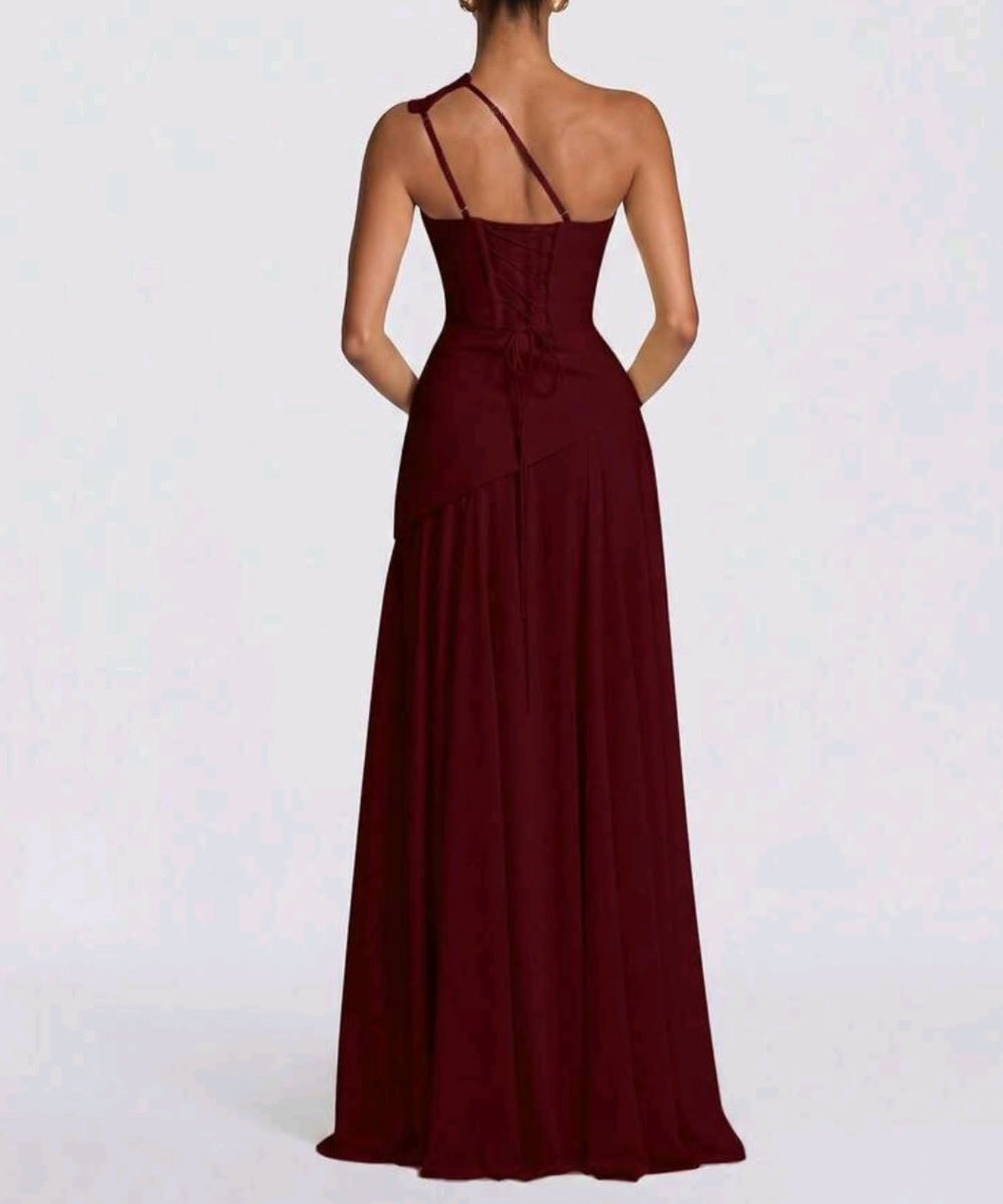 One Shoulder Draped Ruched Chiffon A-Line Evening Gown with Lace-Up Back