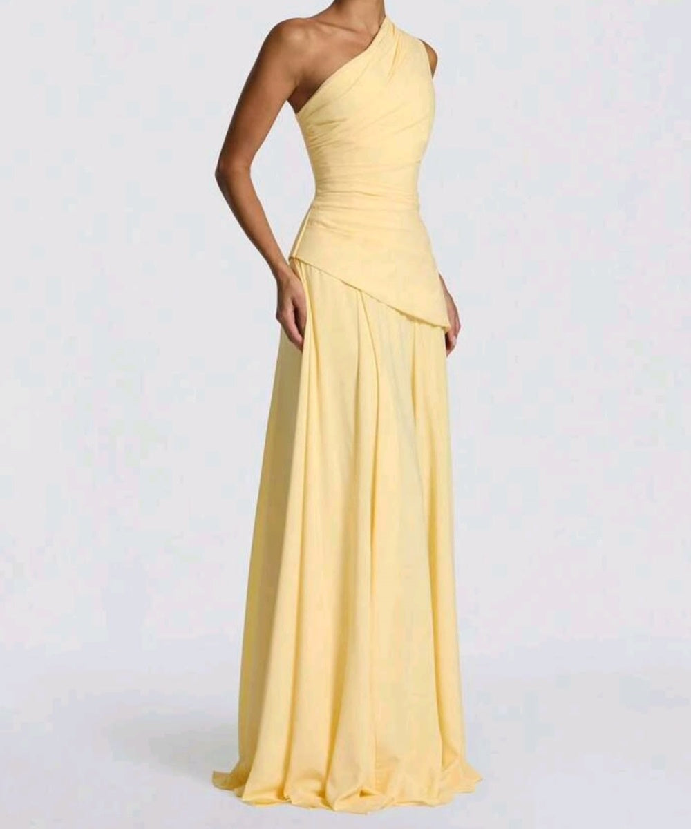 One Shoulder Draped Ruched Chiffon A-Line Evening Gown with Lace-Up Back