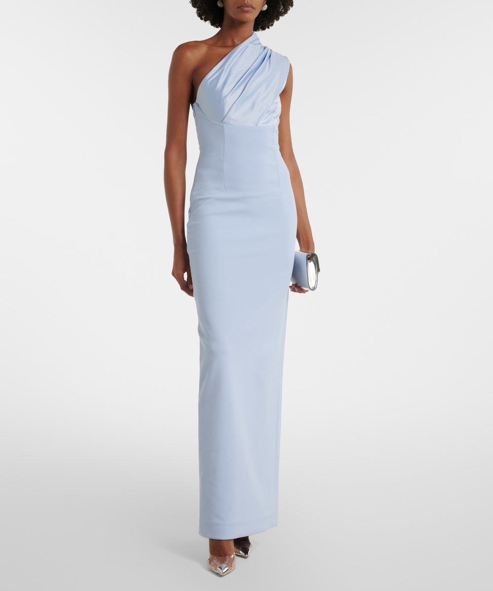 Light Blue One Shoulder Satin Draped Crepe Column Evening Gown with Back Slit