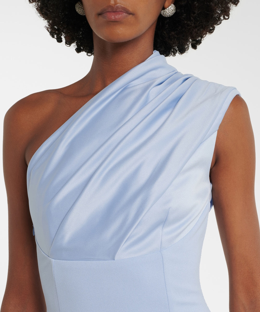 Light Blue One Shoulder Satin Draped Crepe Column Evening Gown with Back Slit
