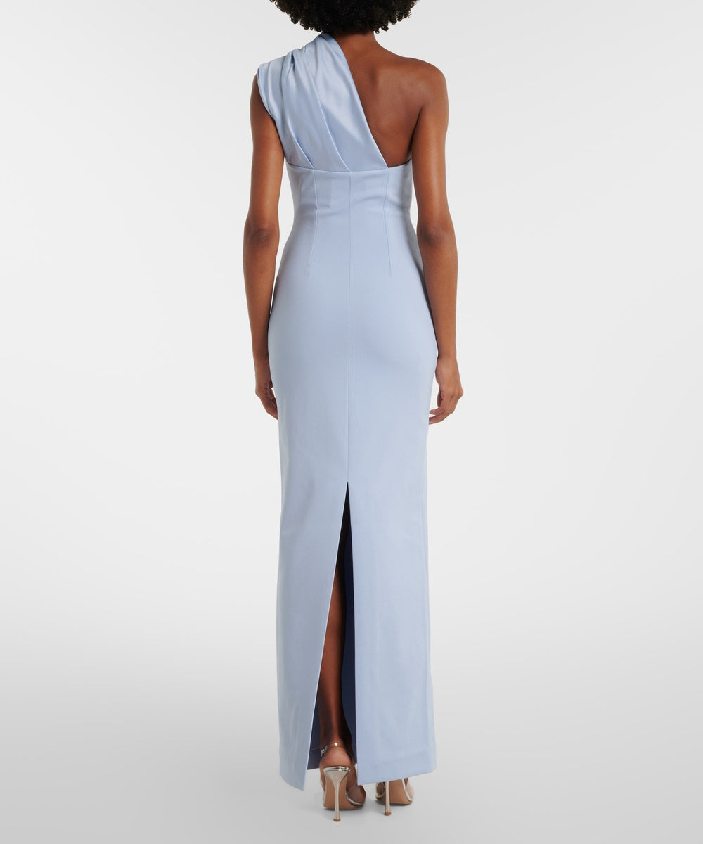 Light Blue One Shoulder Satin Draped Crepe Column Evening Gown with Back Slit