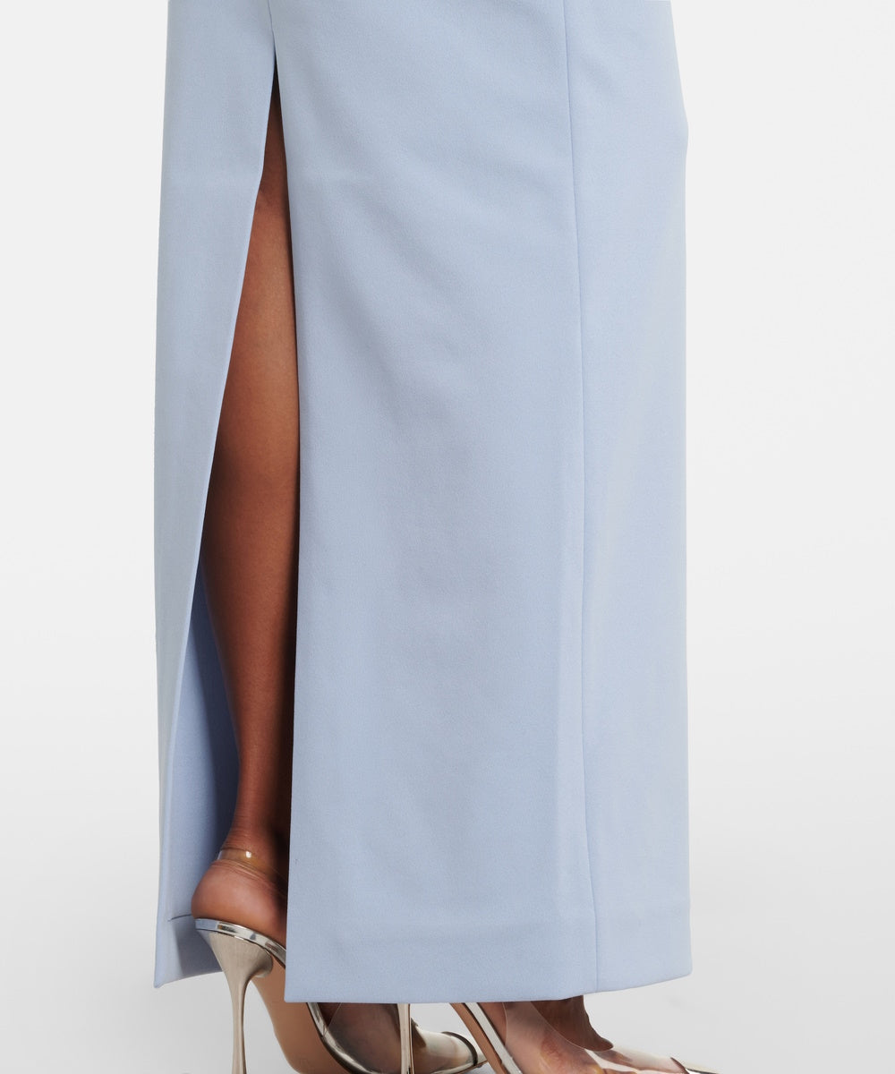 Light Blue One Shoulder Satin Draped Crepe Column Evening Gown with Back Slit
