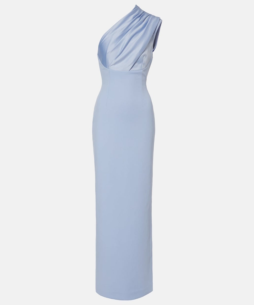 Light Blue One Shoulder Satin Draped Crepe Column Evening Gown with Back Slit