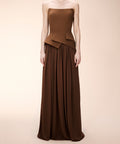 Strapless Brown Peplum Pleated Chiffon Formal Maxi Dress