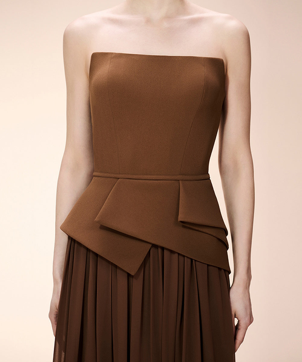 Strapless Brown Peplum Pleated Chiffon Formal Maxi Dress