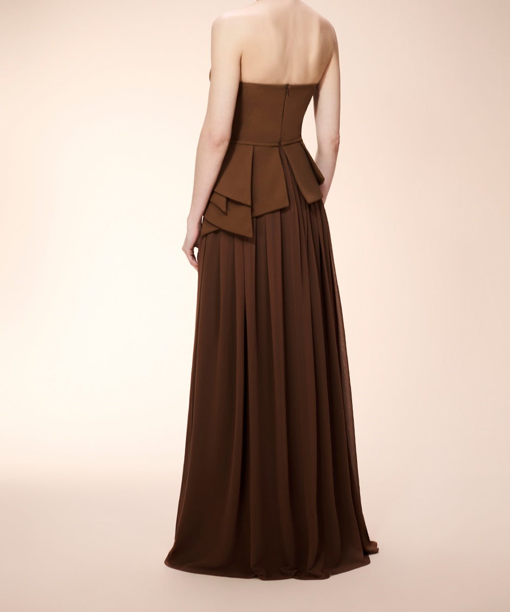 Strapless Brown Peplum Pleated Chiffon Formal Maxi Dress