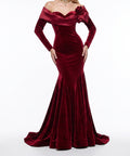 Burgundy Velvet Off Shoulder Mermaid Evening Gown with 3D Rose Detail