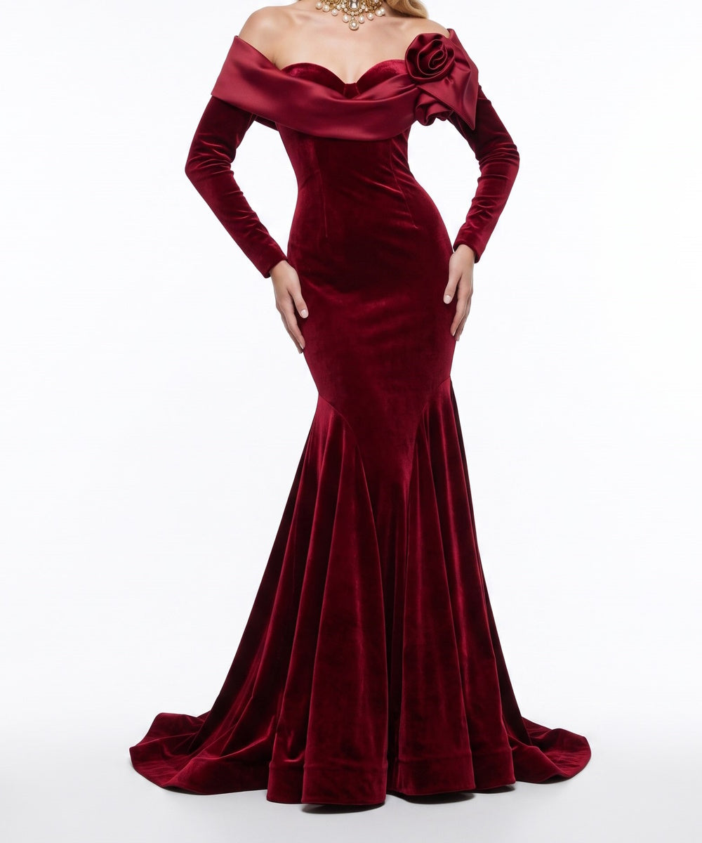 Burgundy Velvet Off Shoulder Mermaid Evening Gown with 3D Rose Detail