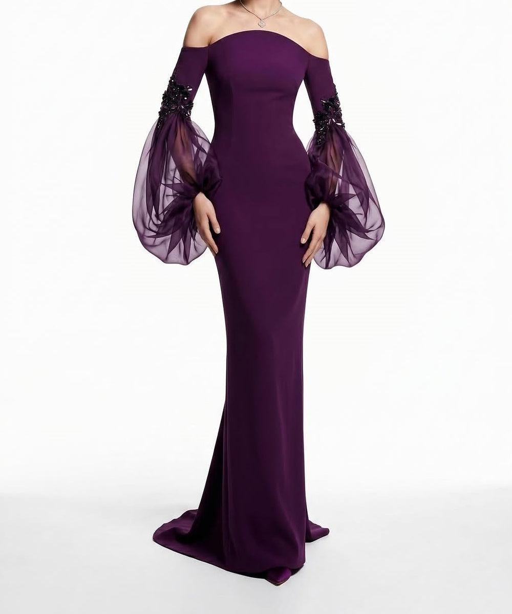 Dark Purple Off Shoulder Mermaid Evening Gown with Beaded Puff Tulle Sleeves