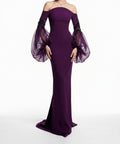 Dark Purple Off Shoulder Mermaid Evening Gown with Beaded Puff Tulle Sleeves