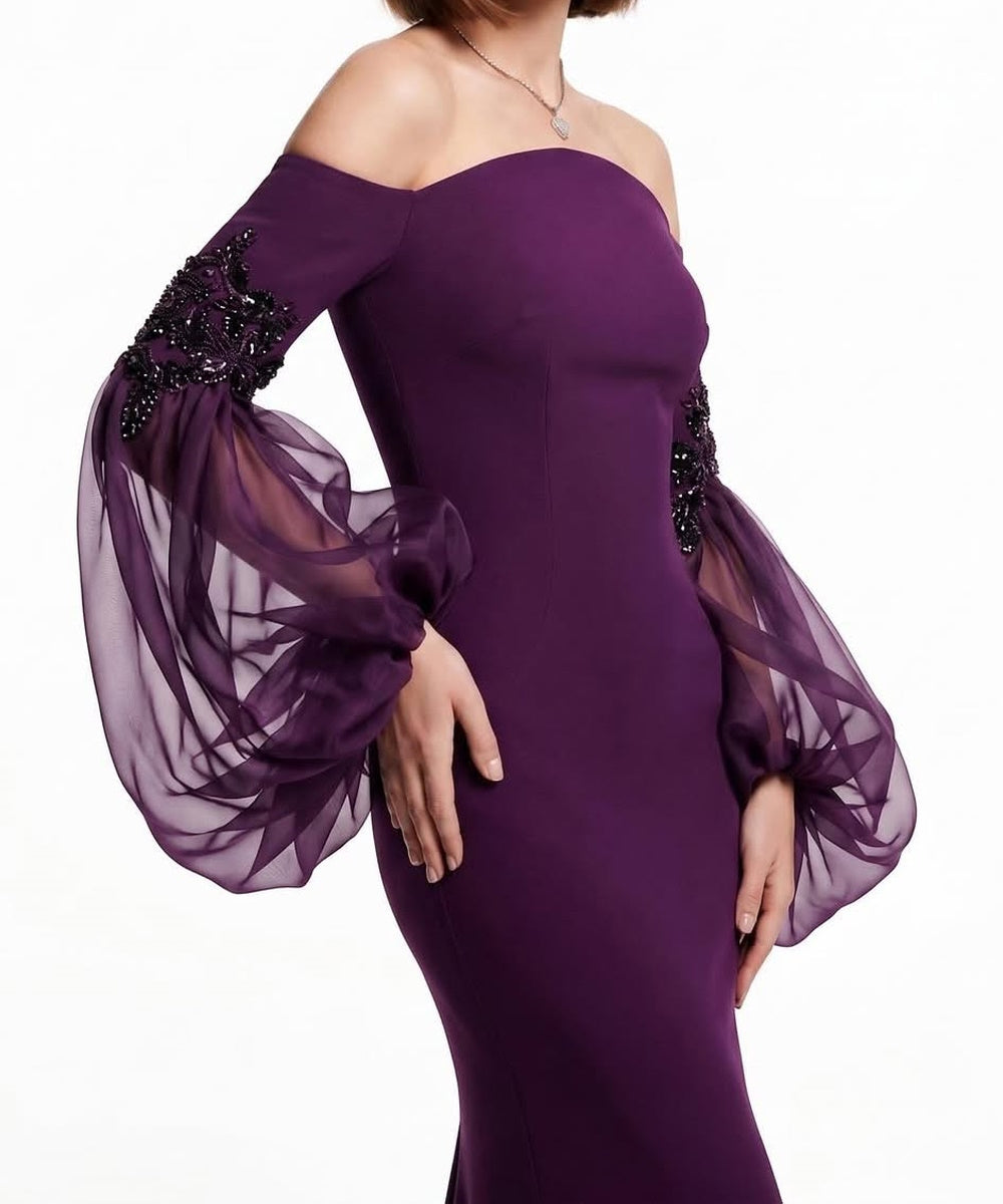 Dark Purple Off Shoulder Mermaid Evening Gown with Beaded Puff Tulle Sleeves