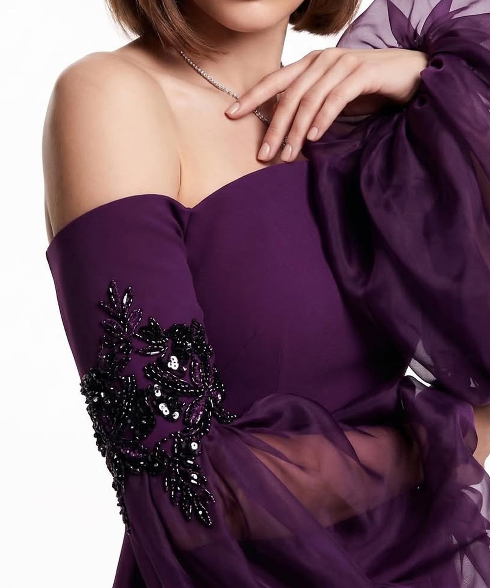 Dark Purple Off Shoulder Mermaid Evening Gown with Beaded Puff Tulle Sleeves