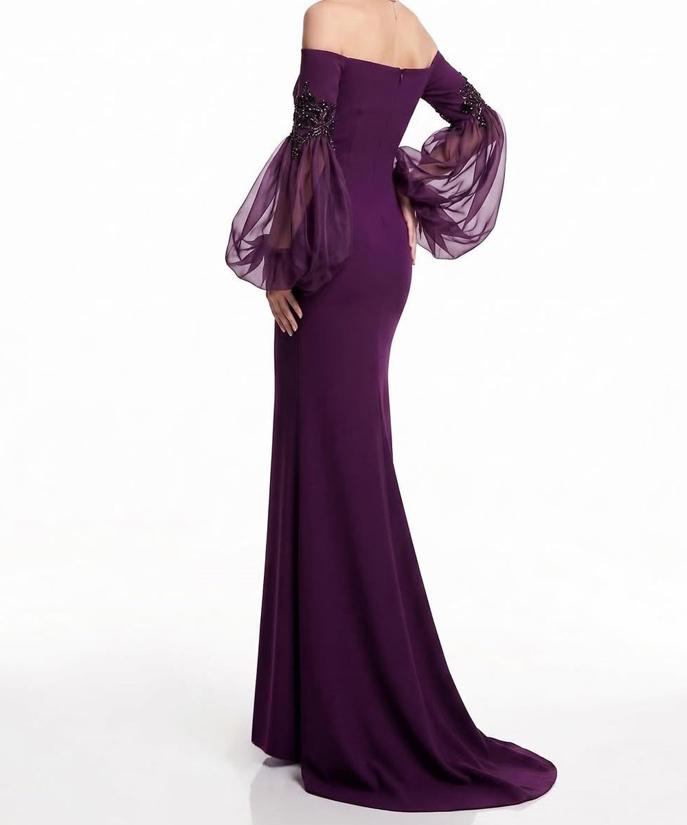 Dark Purple Off Shoulder Mermaid Evening Gown with Beaded Puff Tulle Sleeves