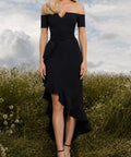 Black Off Shoulder High Low Ruffle Midi Dress with Wide Belt