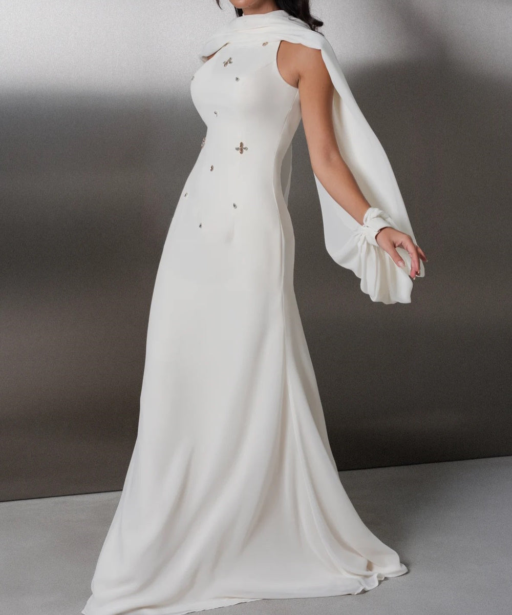 Ivory High Neck Cape Sleeve Crystal Embellished Column Evening Gown