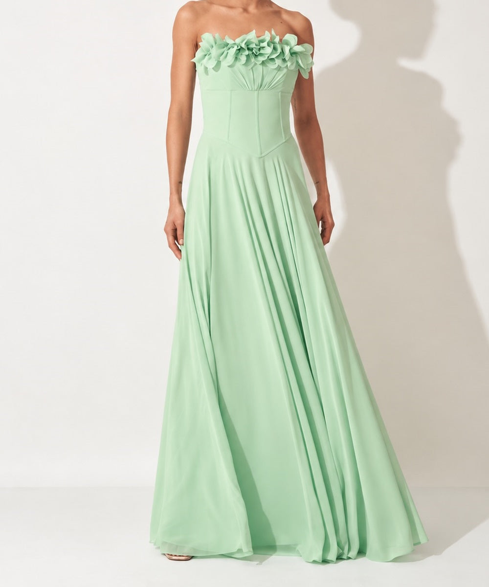 Mint Green Strapless 3D Floral Corset Chiffon A-Line Evening Gown
