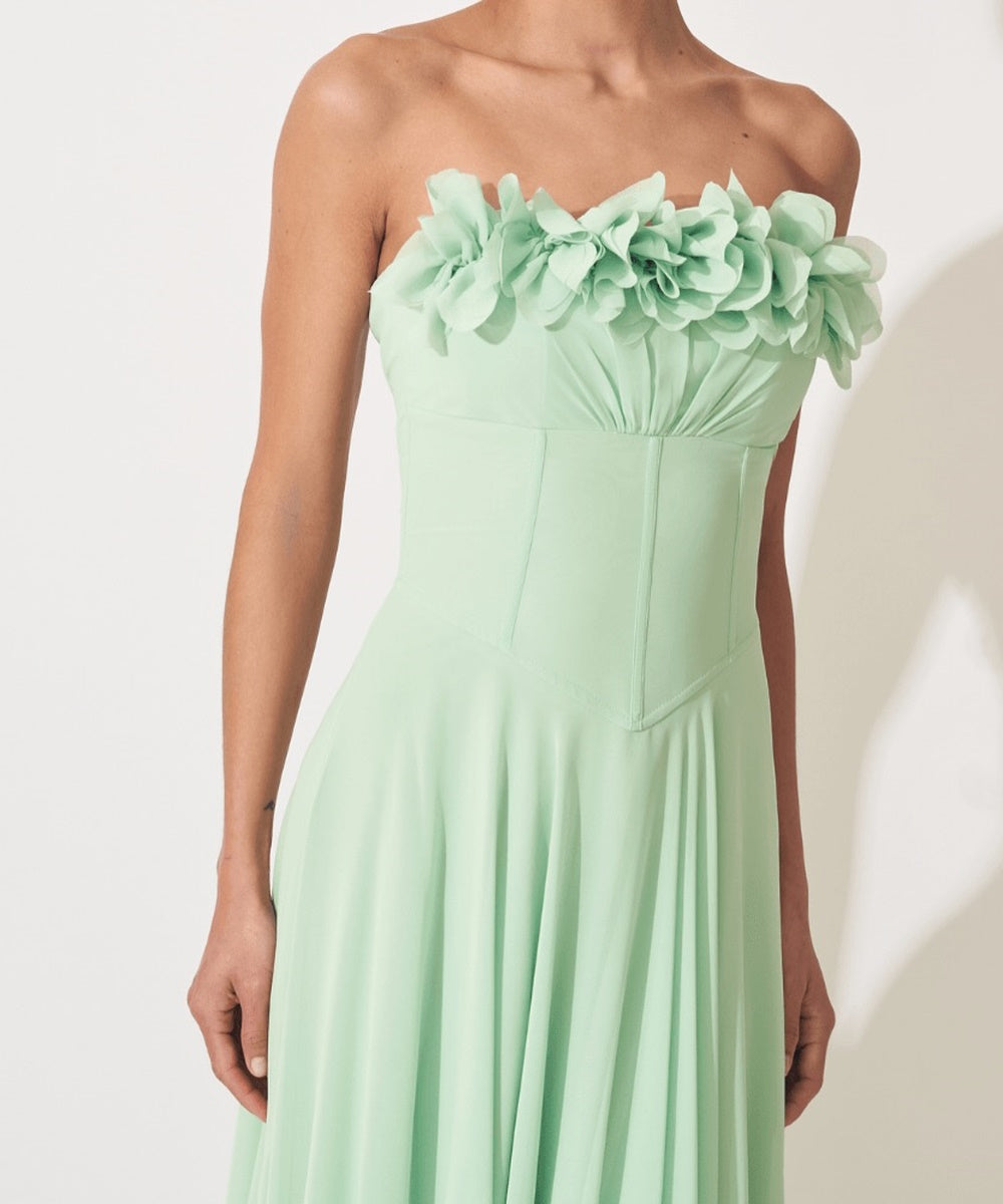Mint Green Strapless 3D Floral Corset Chiffon A-Line Evening Gown