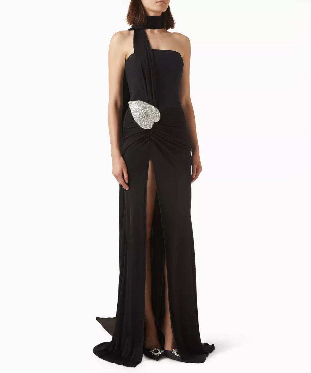 Black Strapless Halter Drape Gown with Crystal Leaf Embellishment & High Slit