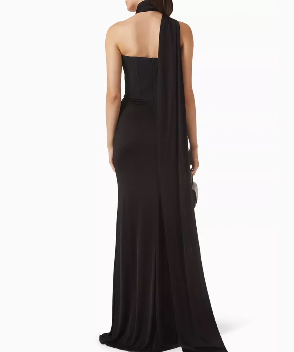 Black Strapless Halter Drape Gown with Crystal Leaf Embellishment & High Slit