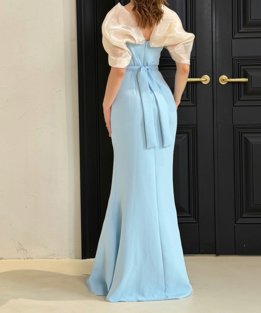 Off Shoulder Organza Puff Sleeve Light Blue Mermaid Slit Evening Gown