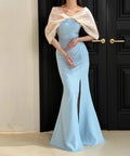 Off Shoulder Organza Puff Sleeve Light Blue Mermaid Slit Evening Gown