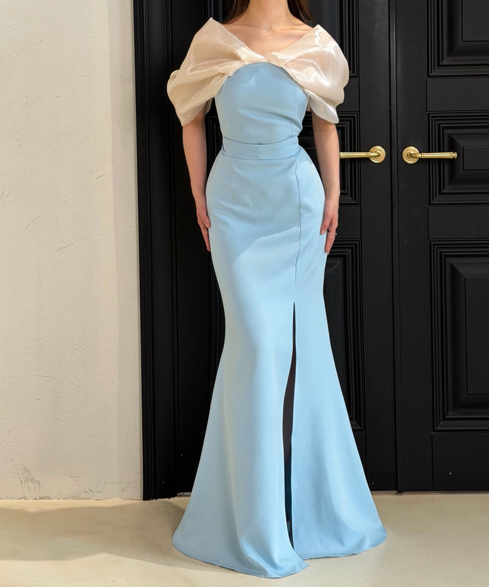 Off Shoulder Organza Puff Sleeve Light Blue Mermaid Slit Evening Gown